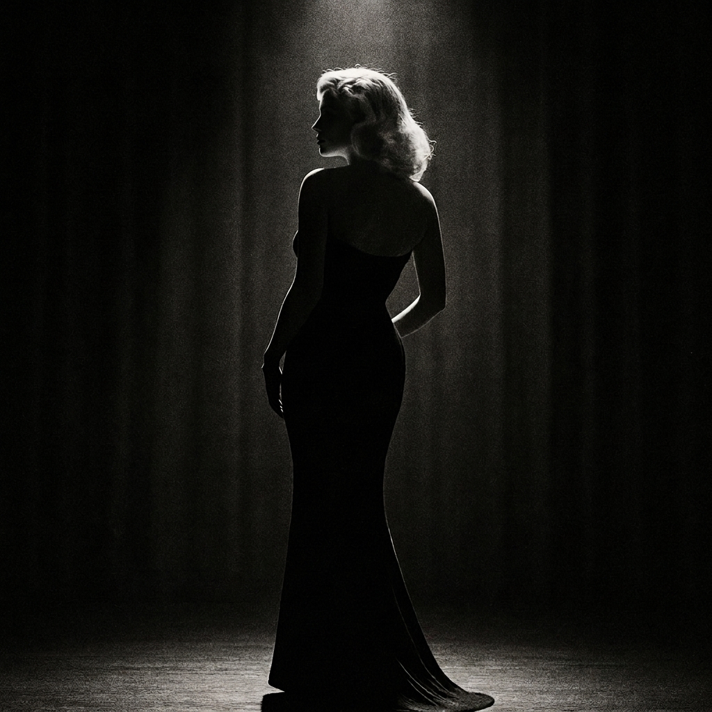 Love Is Blonde — silhouette of Marilyn Monroe in a black gown, backlit on an empty stage